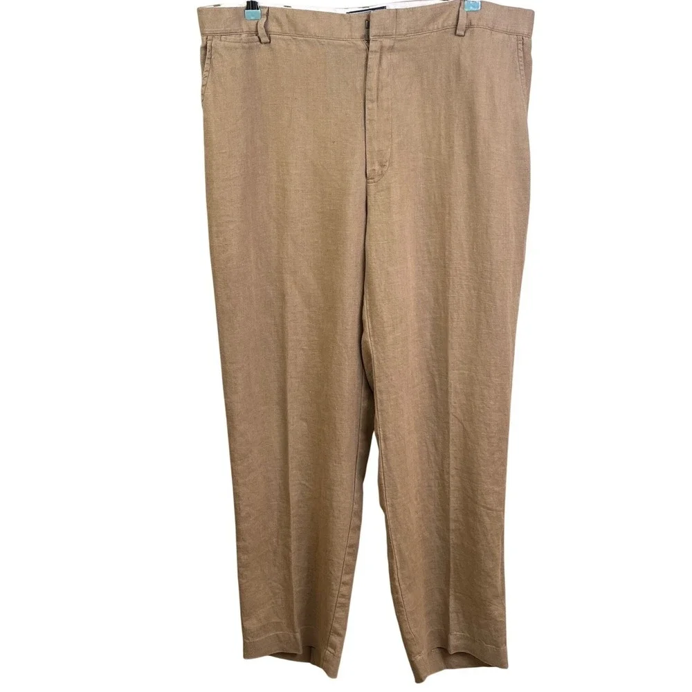 VTG Polo By Ralph Lauren 100% Linen Camel Flat Front Trousers 38x30 Preppy Men's